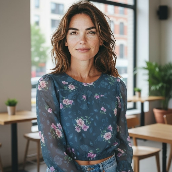 Mi Ami Green and Pink  Floral Crop with sheer sleeves - Picture 1 of 6